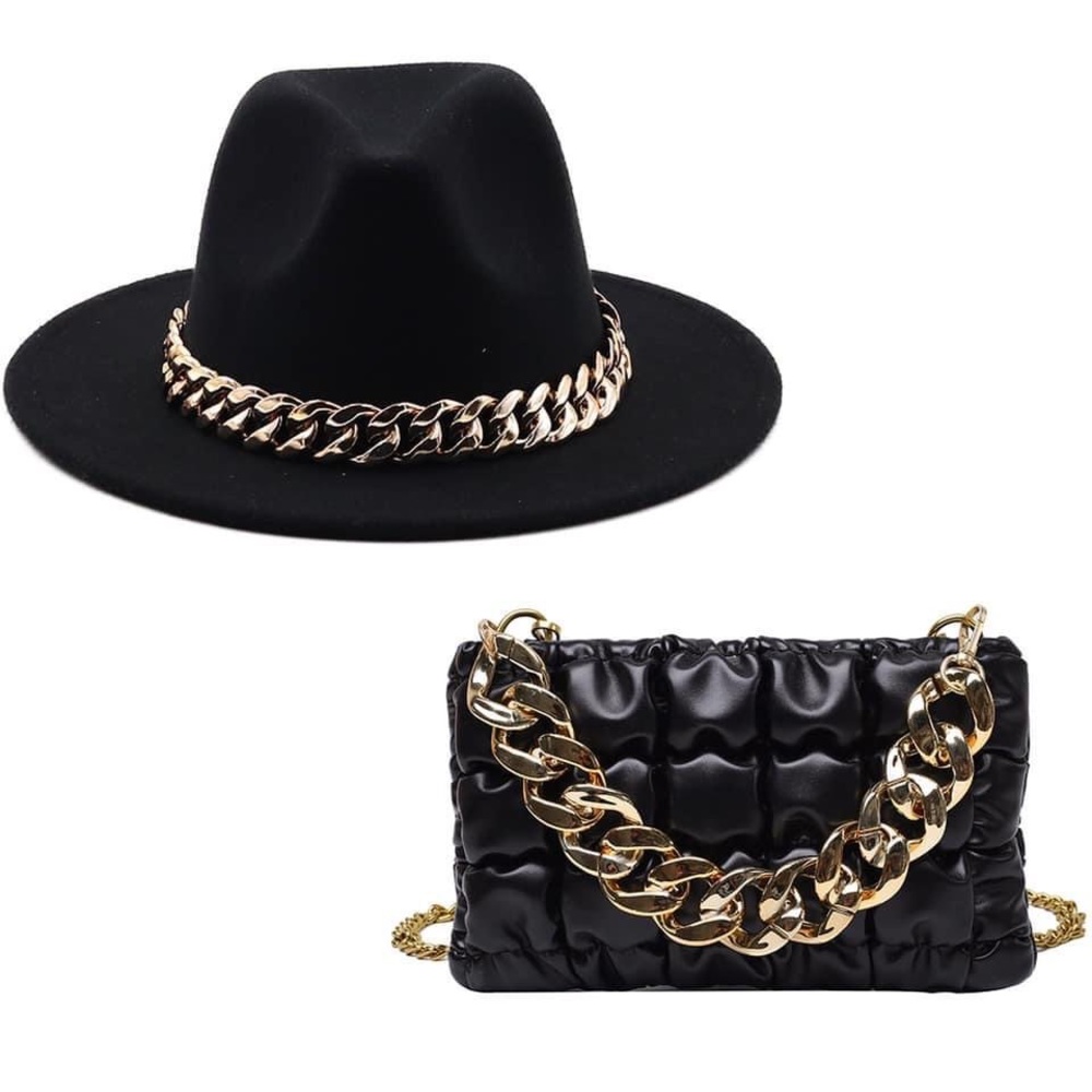 NWOT Stunning 2pcs Set/Black Big Brimmed Fedora Hat /Chain Purse